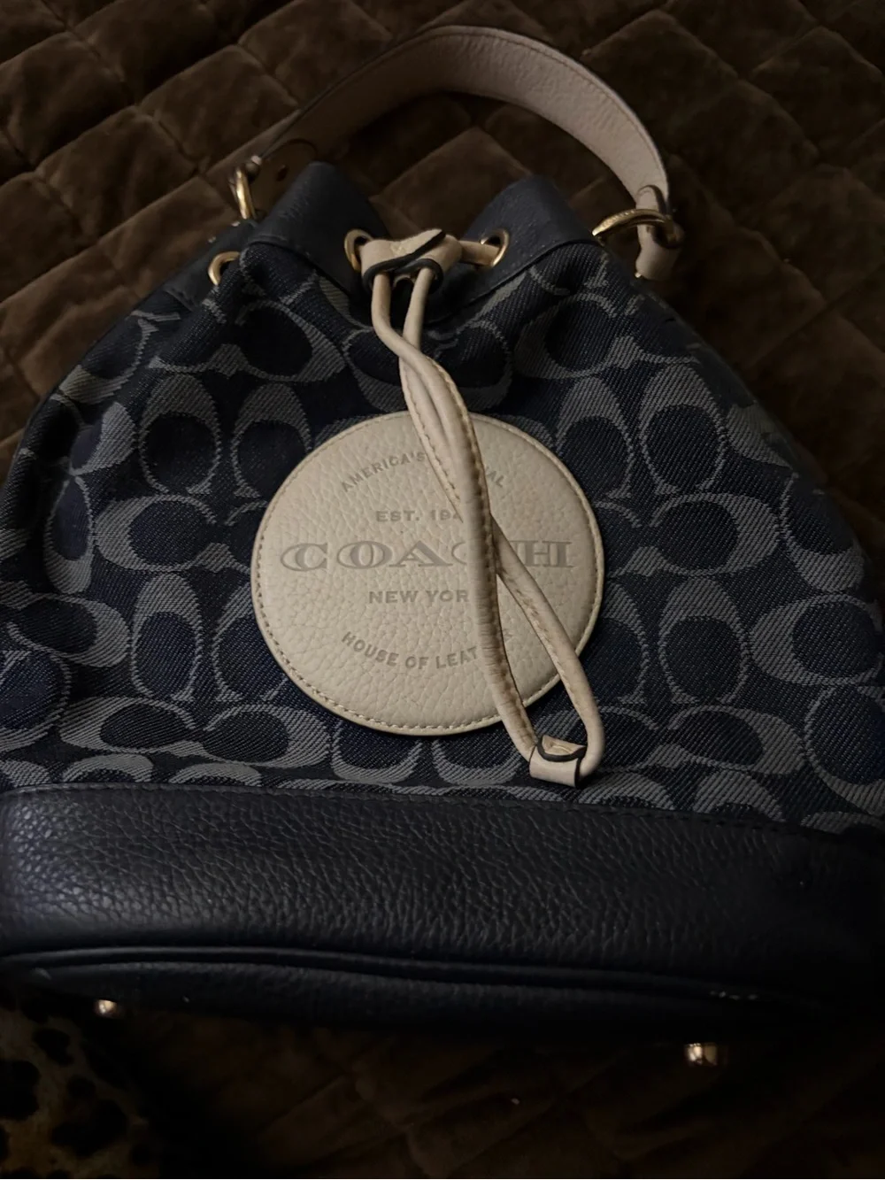 COACH Navy Jacquard & Cream Trim Drawstring Bucket Bag
